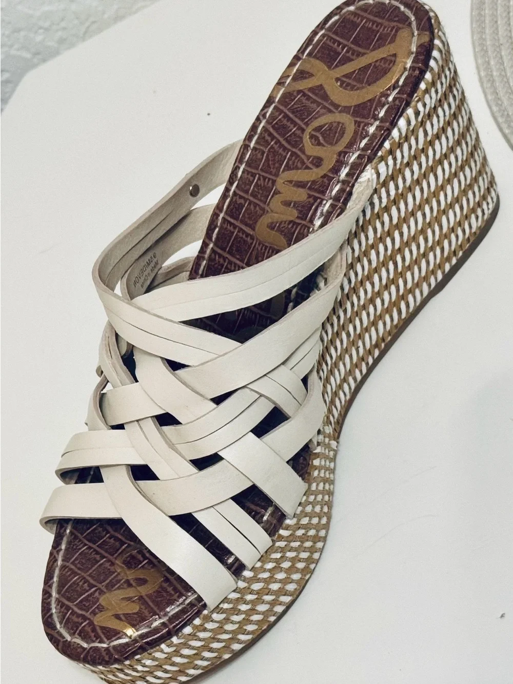 Sam Edelman Devon Wedge Sandals 9.5 Cream Strappy Woven Platform Like New